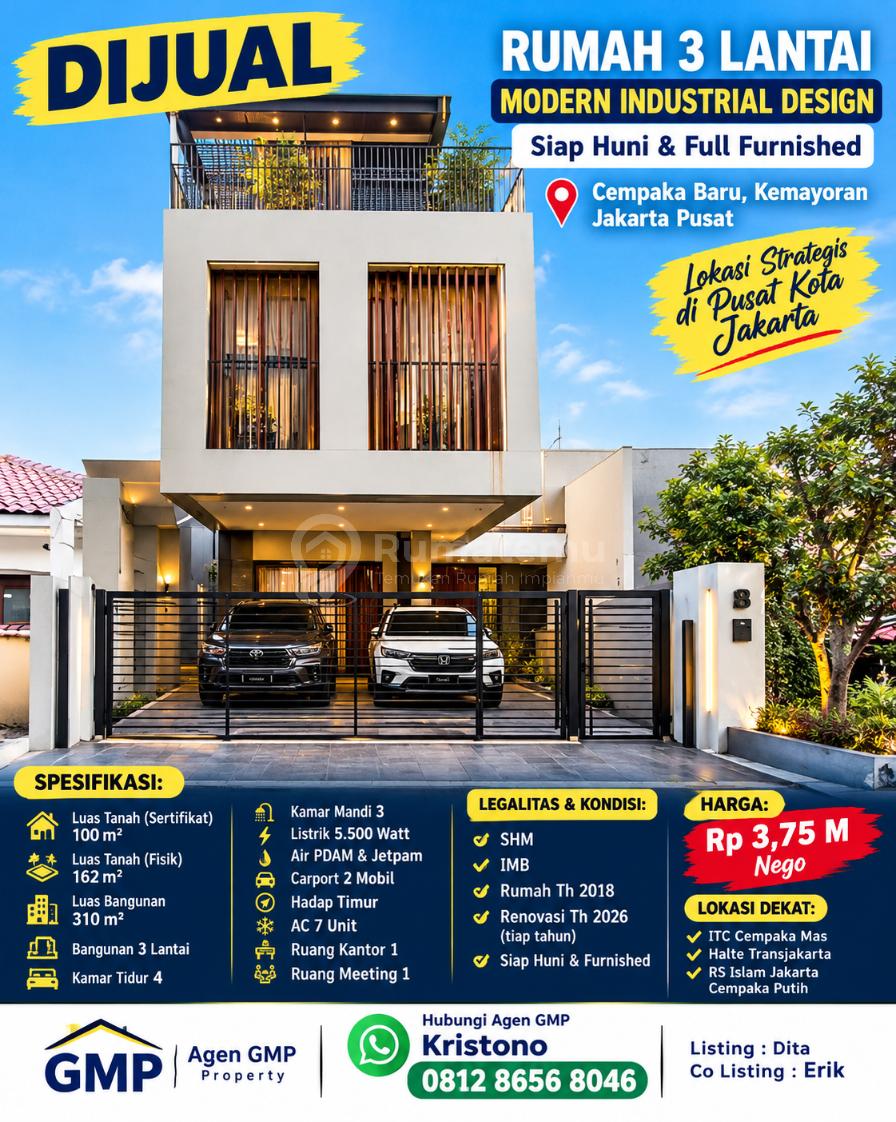 Dijual Rumah 3 Lantai Full Furnished Dalam Komplek Cempaka Baru Kemayoran Jakarta Pusat
