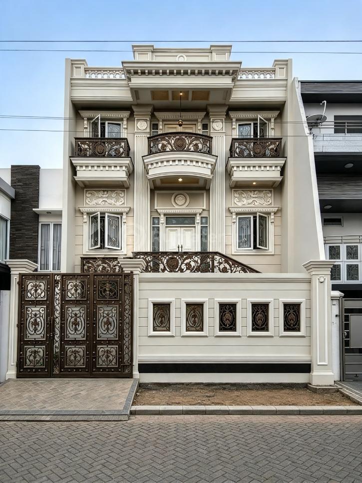 Taman Palem, Cengkareng, Jakbar..Dijual Rumah Iconic, Mewah Elegan Classic, Prestisius & Nyaman, 3.5 Lantai, PLN 10.600 Watt, Hadap Selatan, Shm.-J45