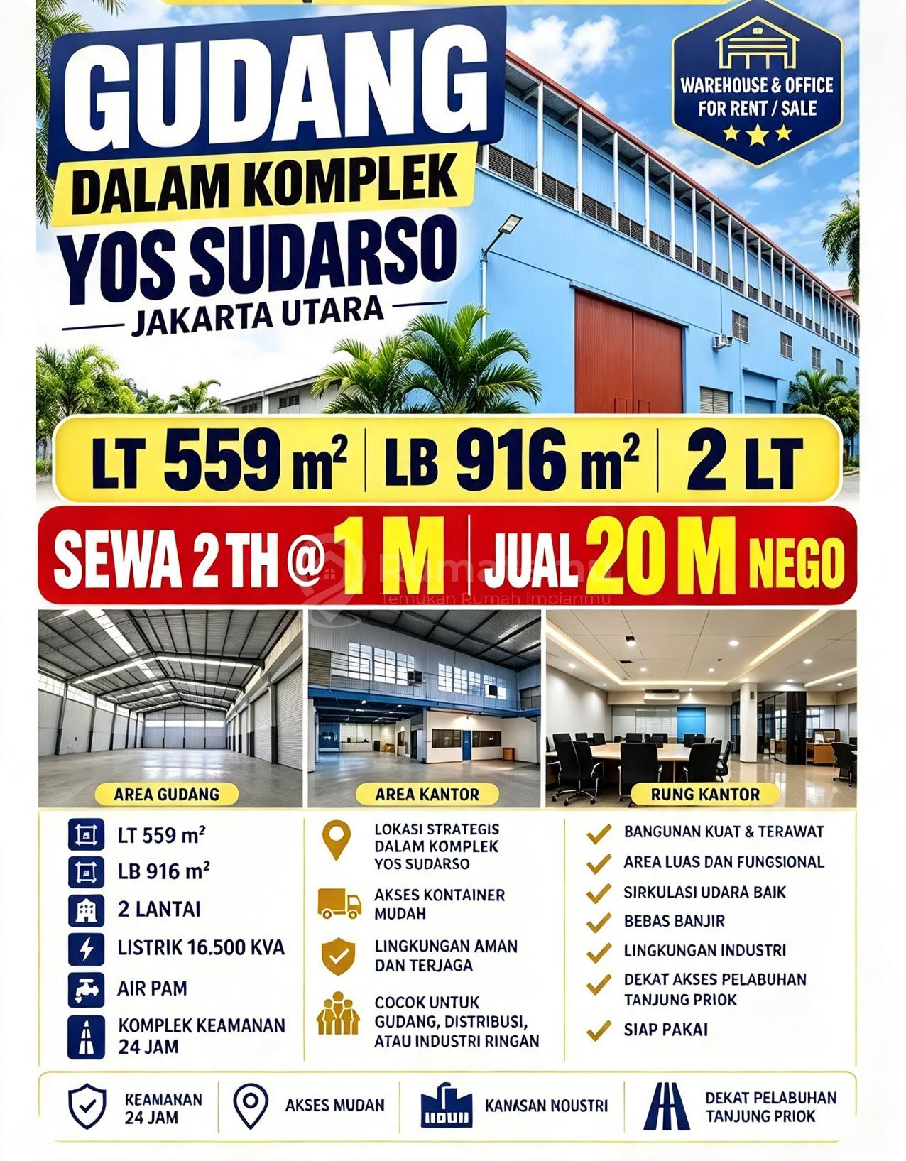 Dijual Gudang 2 Lantai Siap Pakai di Komplek Yos Sudarso, Akses Kontainer & Dekat Tanjung Priok,  Akses Kendaraan Besar.