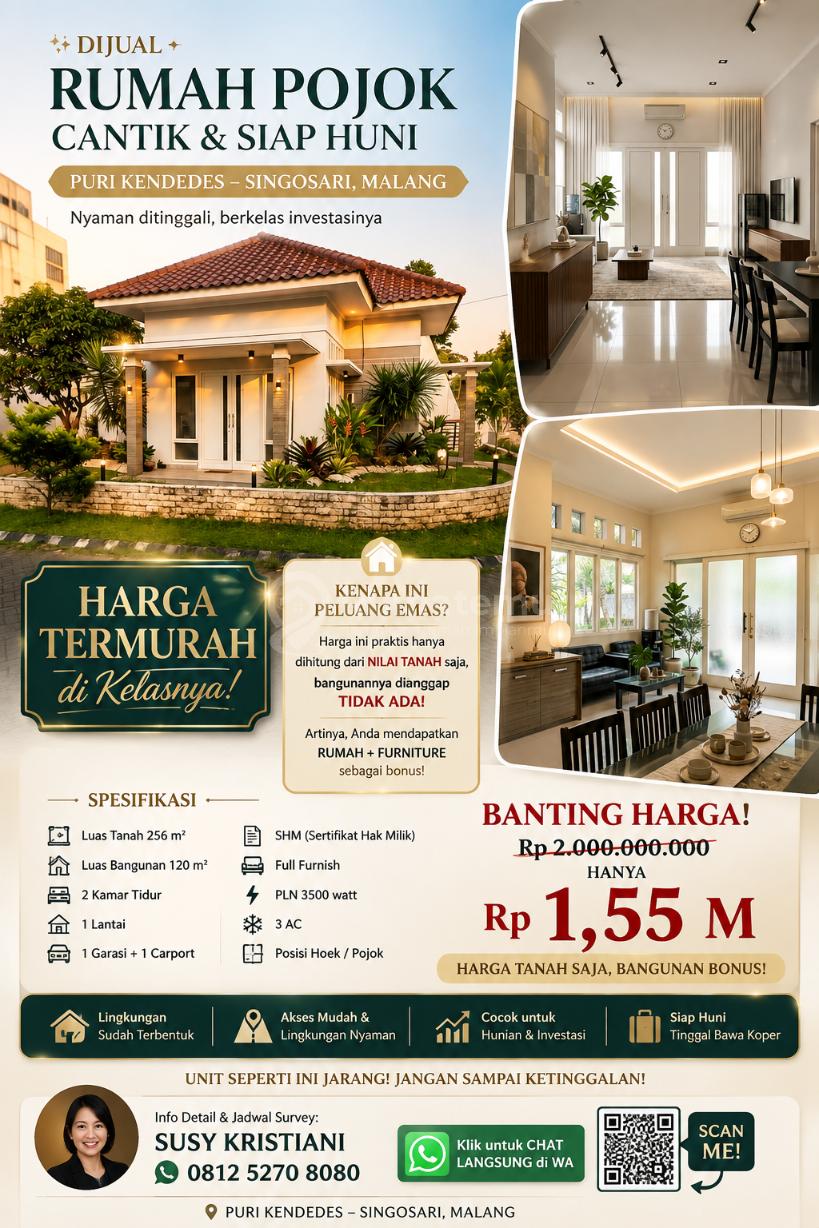 Dijual MURAH Rumah Cantik Pojok, Hanya seharga tanah di PURI KENDEDES SINGOSARI