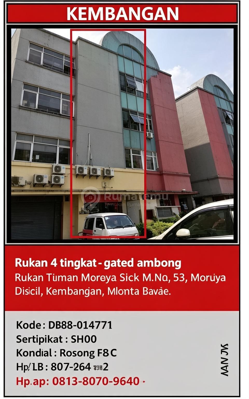 Di Jual Rukan 4 Lantai Pintu Sambung Aset Bank di Rukan Taman Meruya Blok M , Meruya Utara, Kembangan, Jakarta Barat.