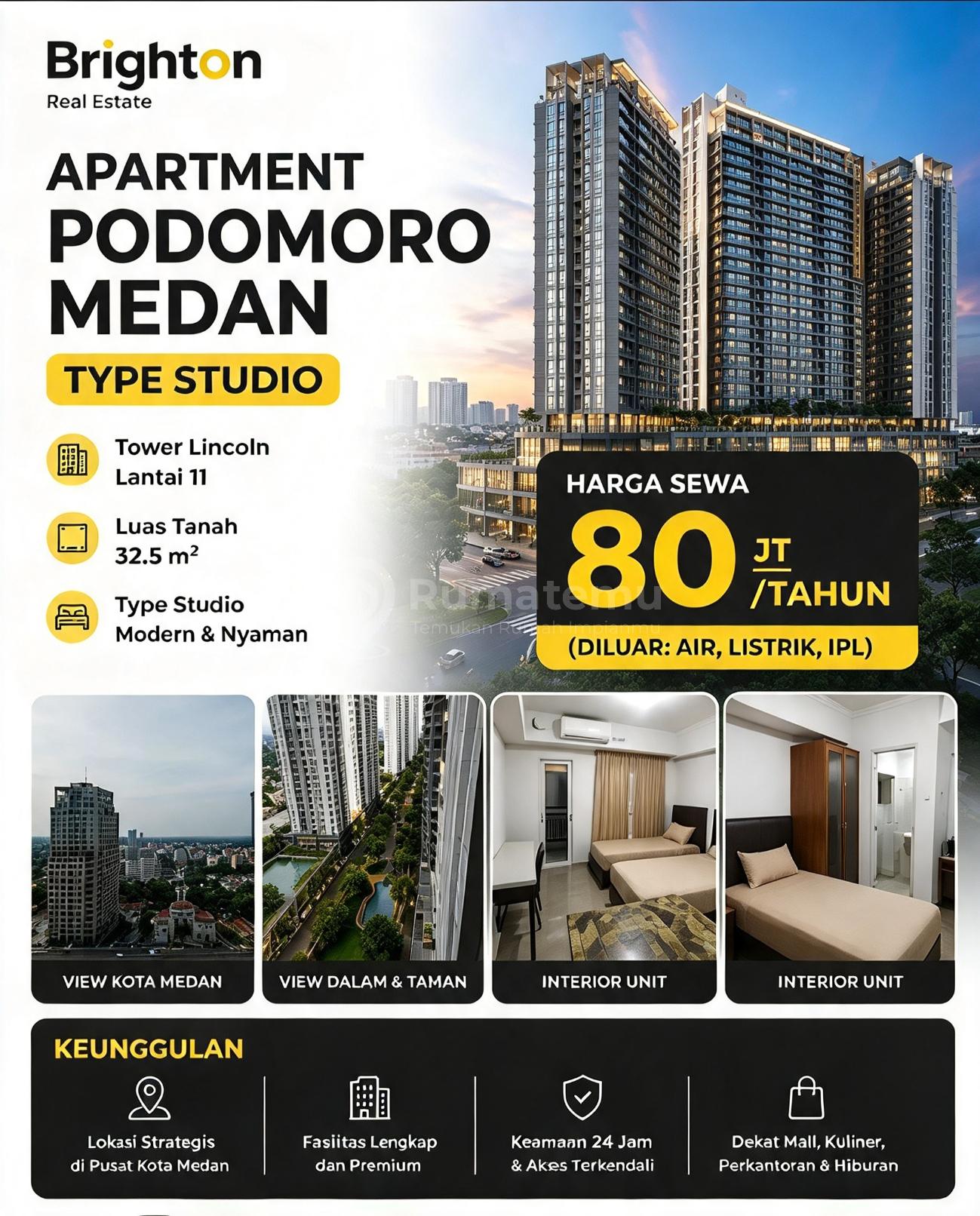 Disewakan Exclusive Rental | Apartment Podomoro Medan Luxury Studio Living, Lokasi strategis di pusat Kota Medan.