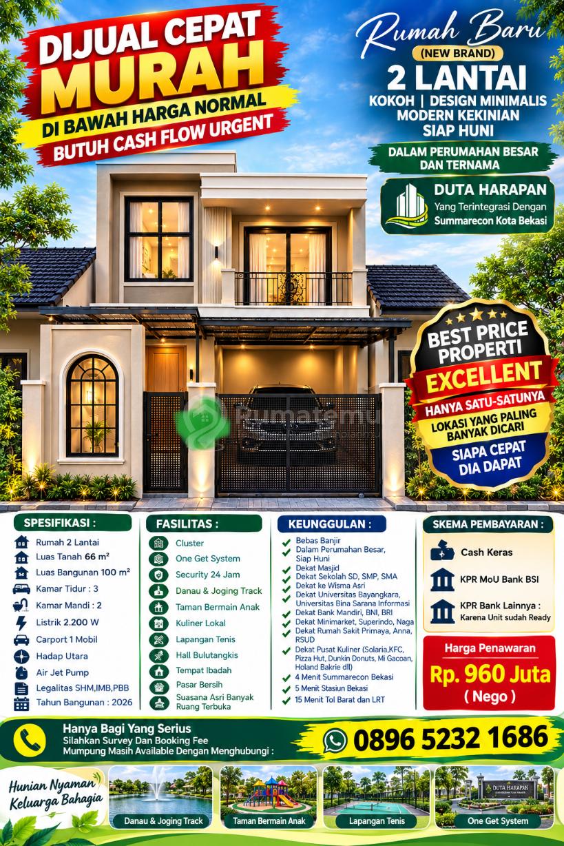 Rumah baru 2 lantai siap huni lokasi strategis dekat Sumarecon Bekasi