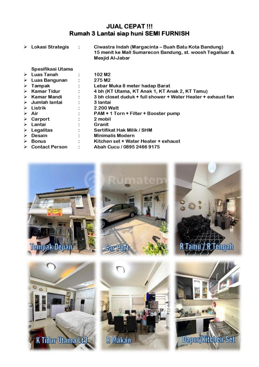 Rumah 3 lantai semi furnish siap huni dekat sumarecon Bandung