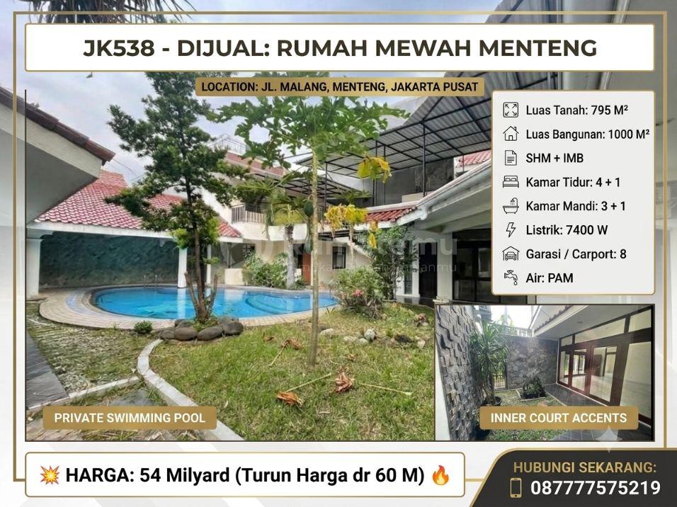 Rumah Megah 2 Lantai Jl. Malang Menteng Jakpus - Garasi 8 Mobil + Private Pool (Bawah Pasar)