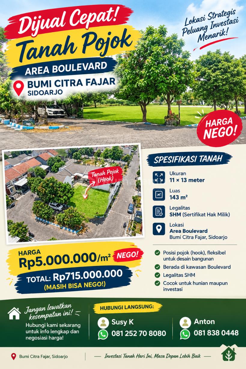 DIJUAL CEPAT! TANAH POJOK AREA BOULEVARD
