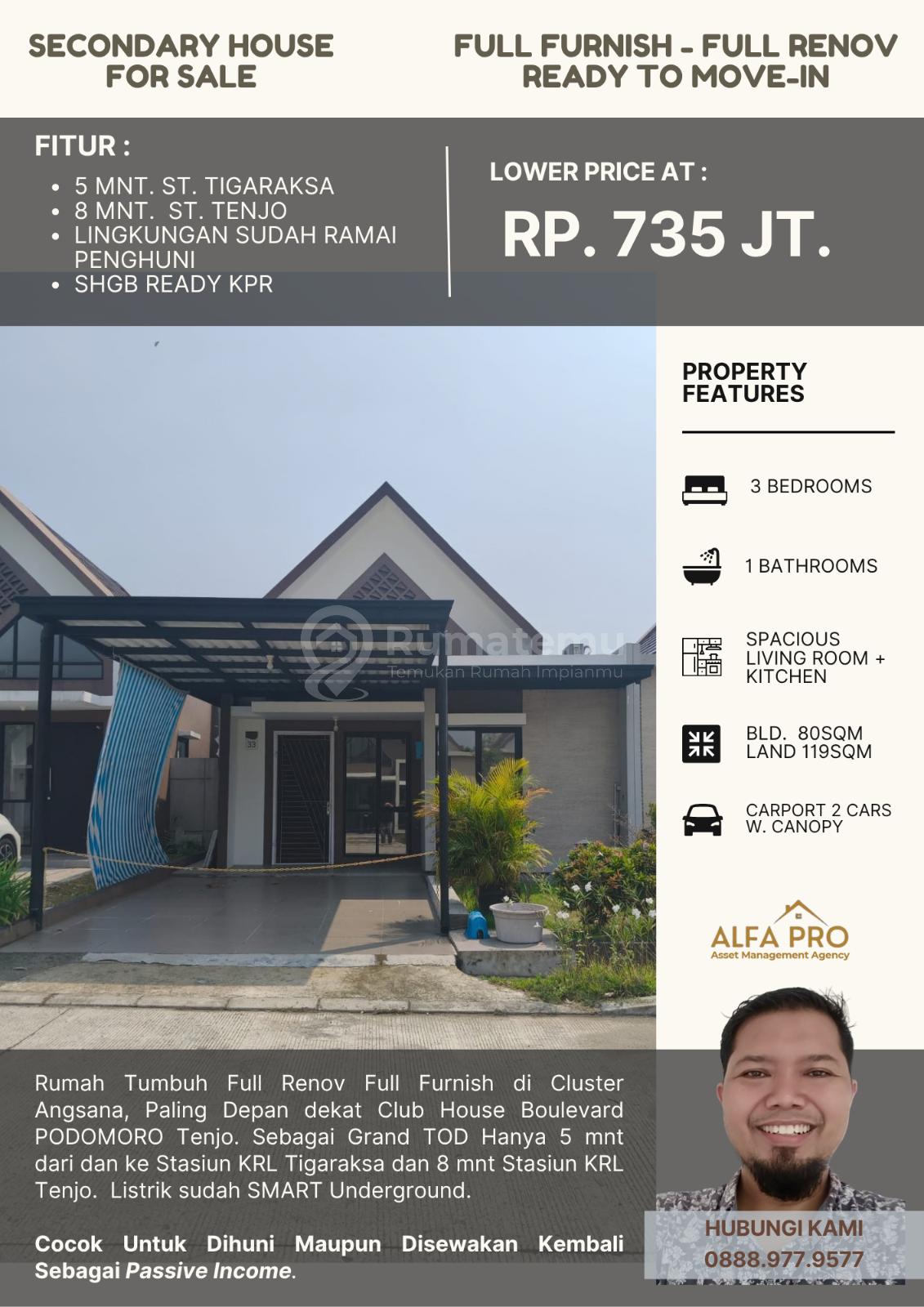Dijual Rumah Full Renov Full Furnish Dekat Club House Dekat Stasiun KRL di Kota Podomoro